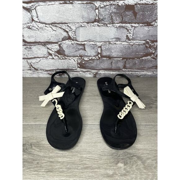 Kate Spade Bennett Black White Bow Jelly Rubber Flat Sandals Women Sz 9M US/40EU - Picture 2 of 16